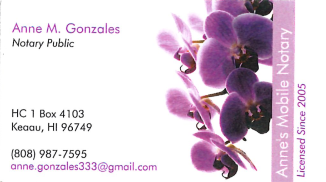 Image of business card for Anne M. Gonzales, specializes in Notary Services